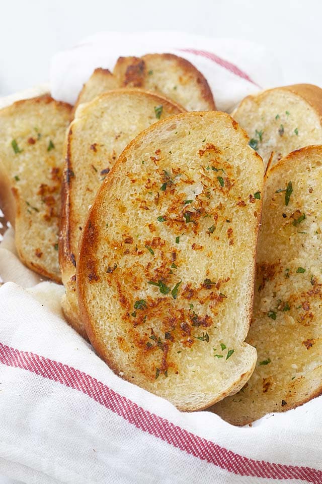 Garlic bread on skillet. 