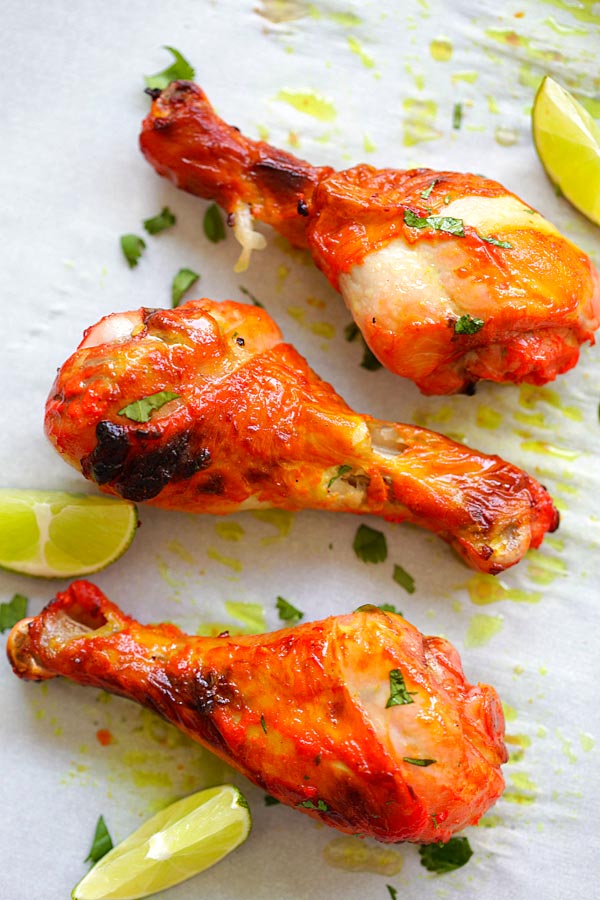 Perfect Indian grilled Tandoori chicken drumsticks, ready to be served.