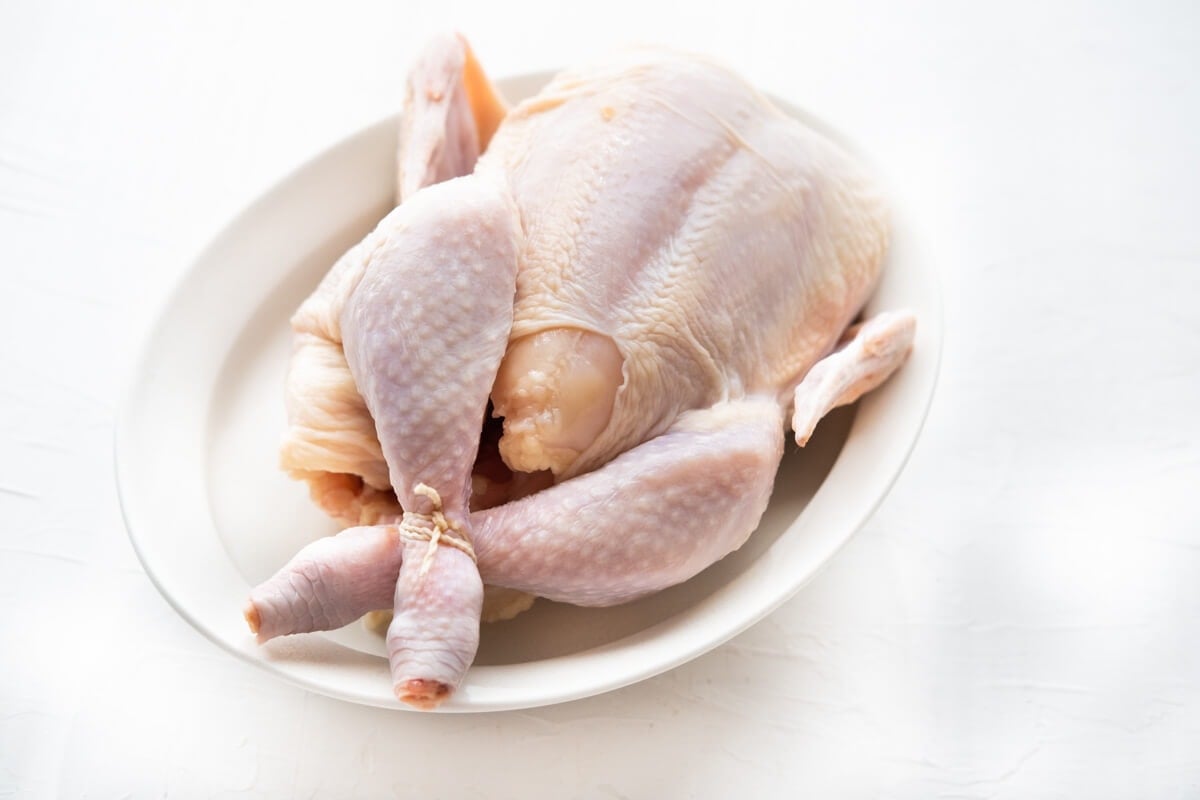 Whole chicken on a plate with its legs trussed.