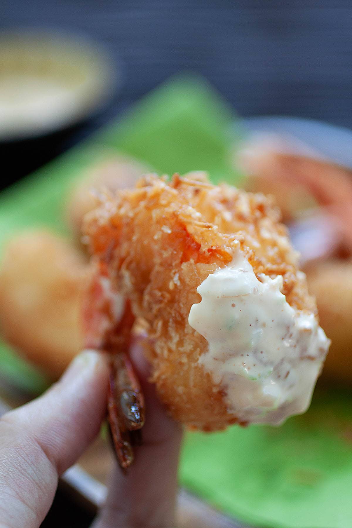 Coconut shrimp with creamy coconut shrimp dipping sauce, ready to serve.