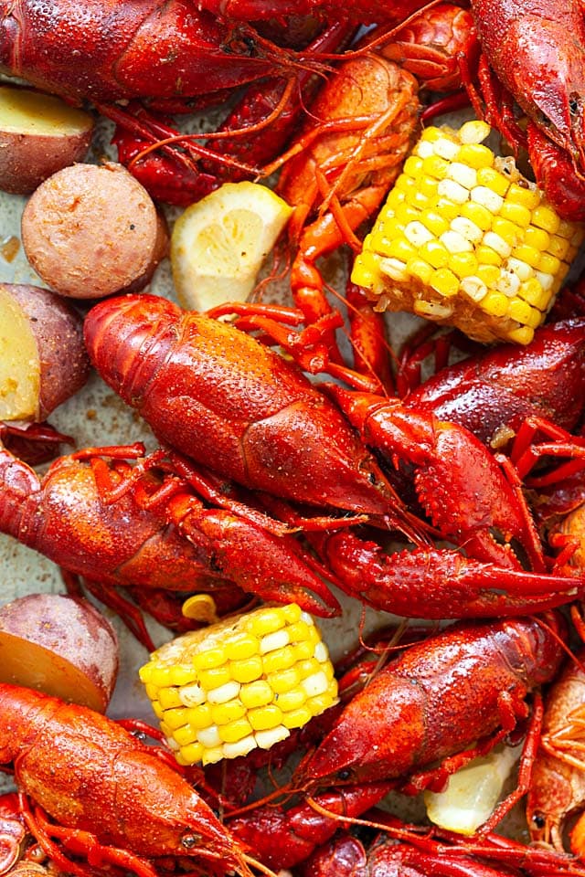 Louisiana Crawfish boil New Orleans on a serving platter.