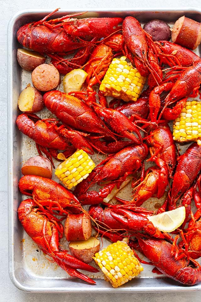 Crawfish boil in crawfish boil pot, ready to serve.