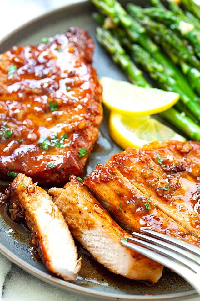 Sliced boneless pork chops with honey garlic sauce.