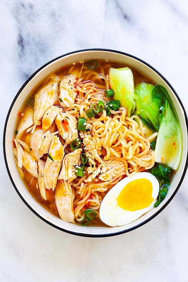 Instant Pot ramen with spicy chili oil in a bowl, ready to serve.