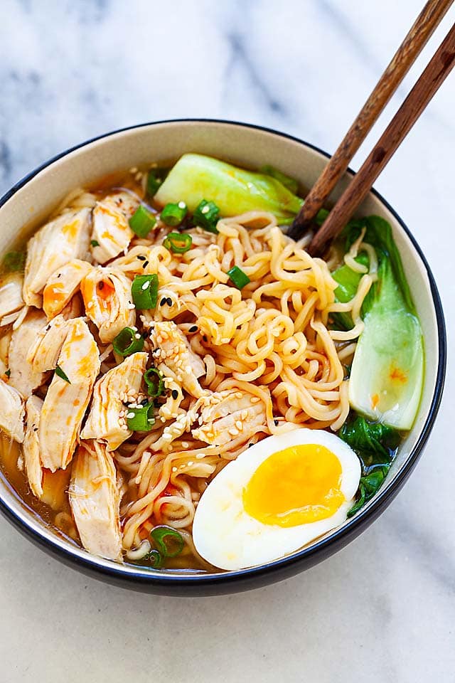 A bowl of Instant pot ramen with a pair of chopsticks, ready to be served.