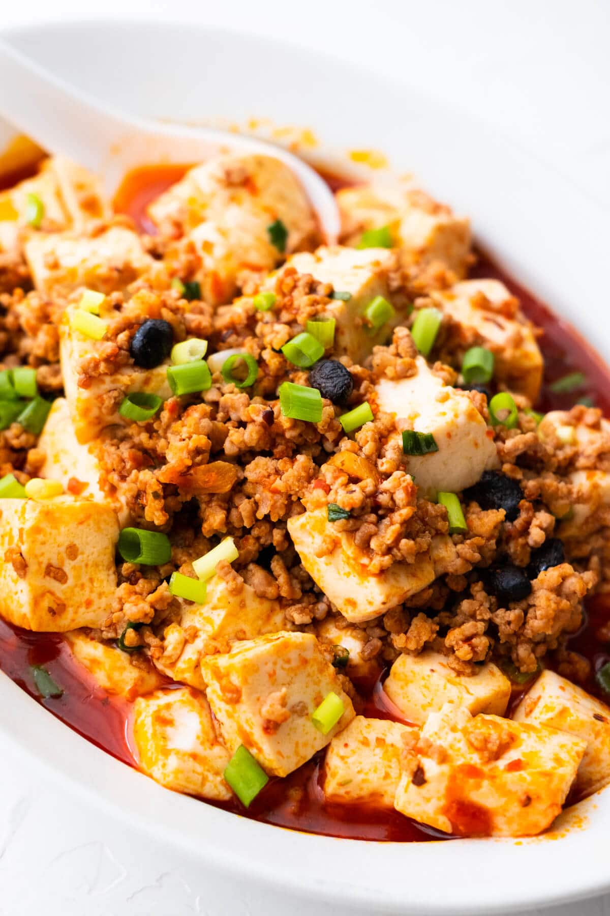Easy mapo tofu recipe with delicious tofu and minced meat, with scallions on top.