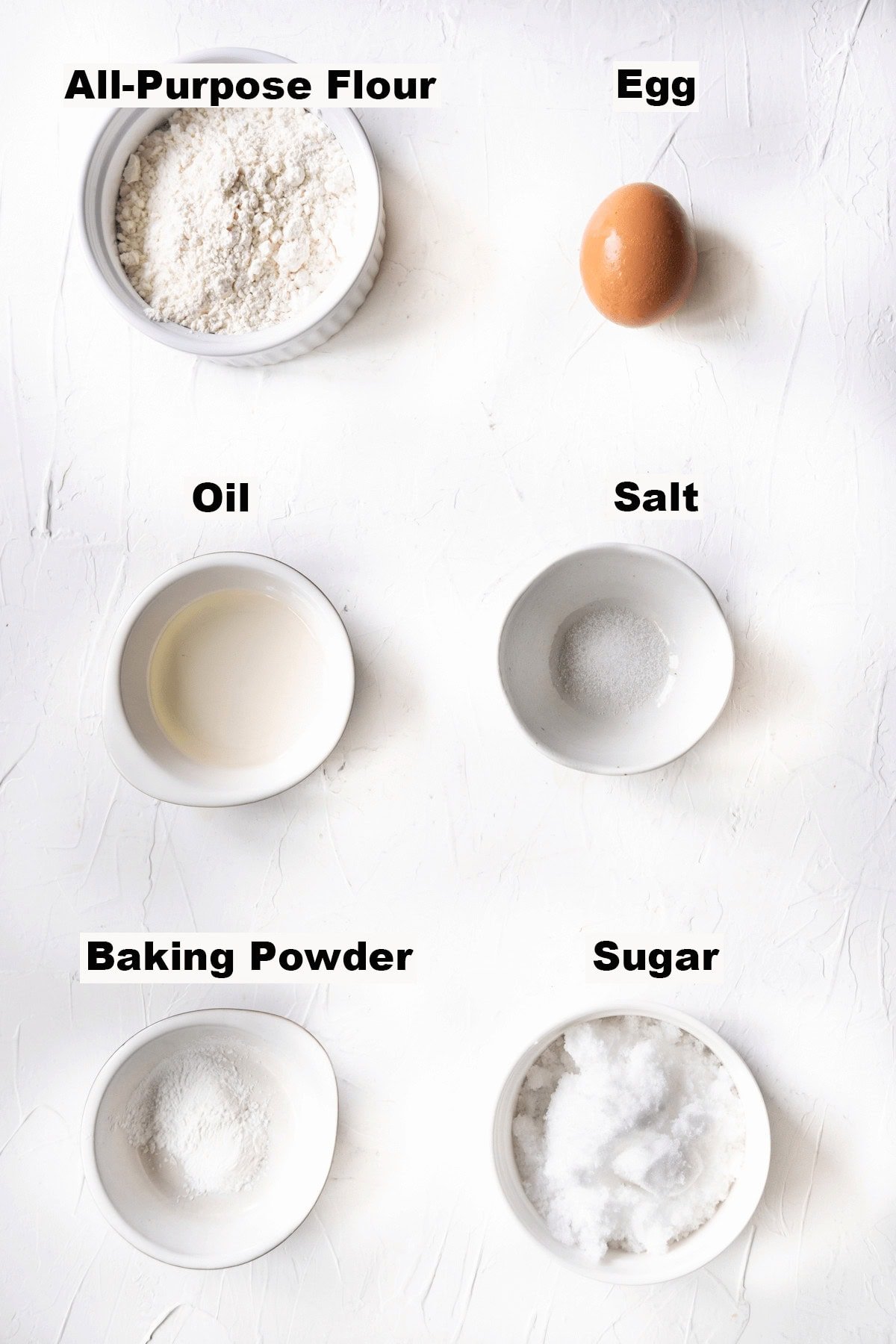 Recipe ingredients for mini egg cake. 