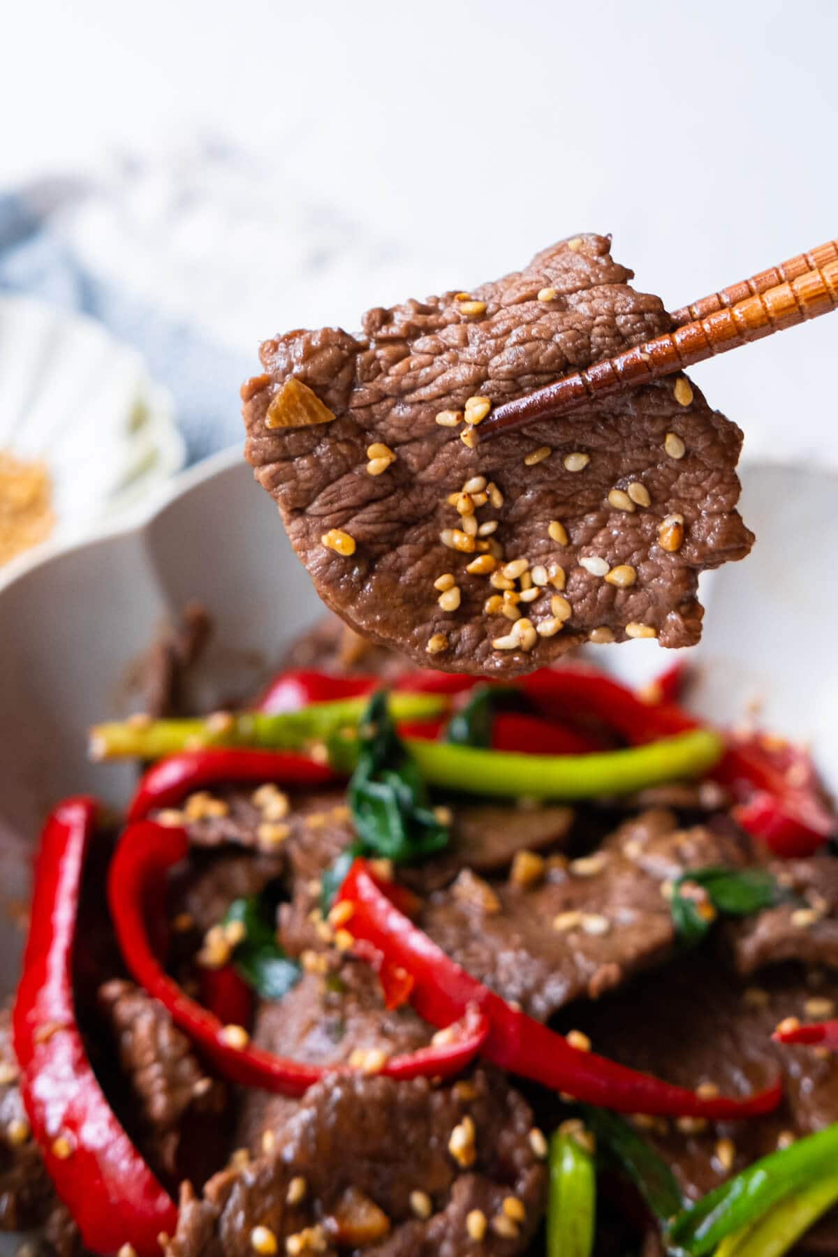 Chinese sesame beef stir fry with sesame seeds. 