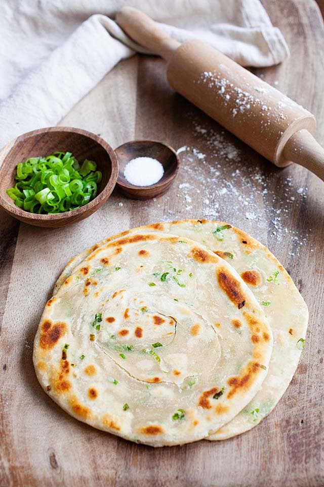 Scallion pancakes, ready to serve.