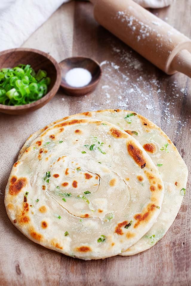 Scallion pancakes recipe made of flour, scallion (green onion), salt and water.