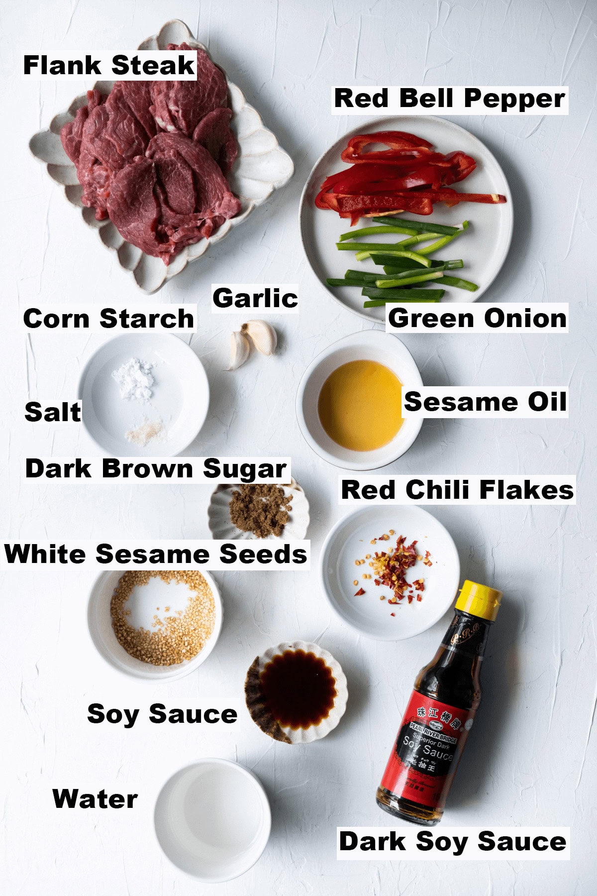 The photo shows all ingredients for sesame beef recipe. 