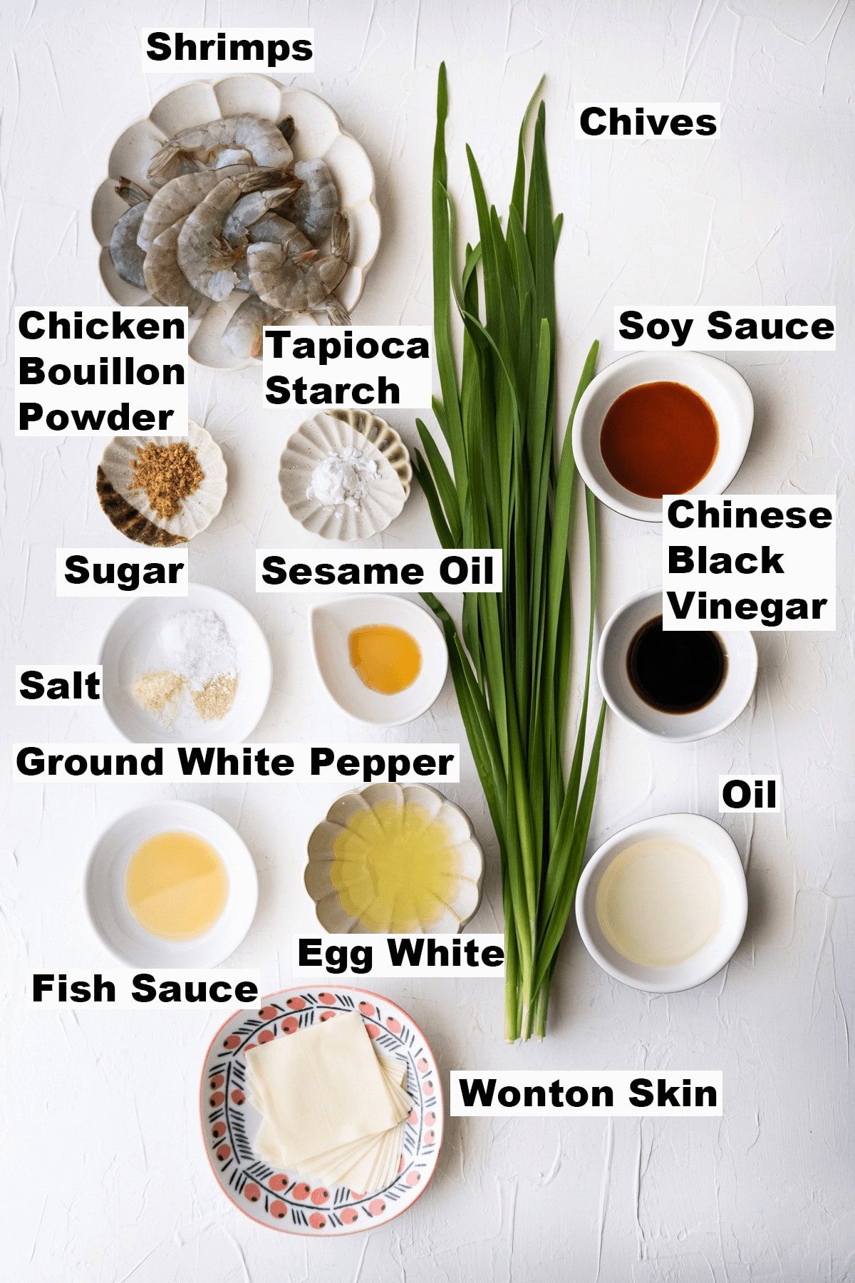 Ingredients for shrimp and chive dumplings recipe. 