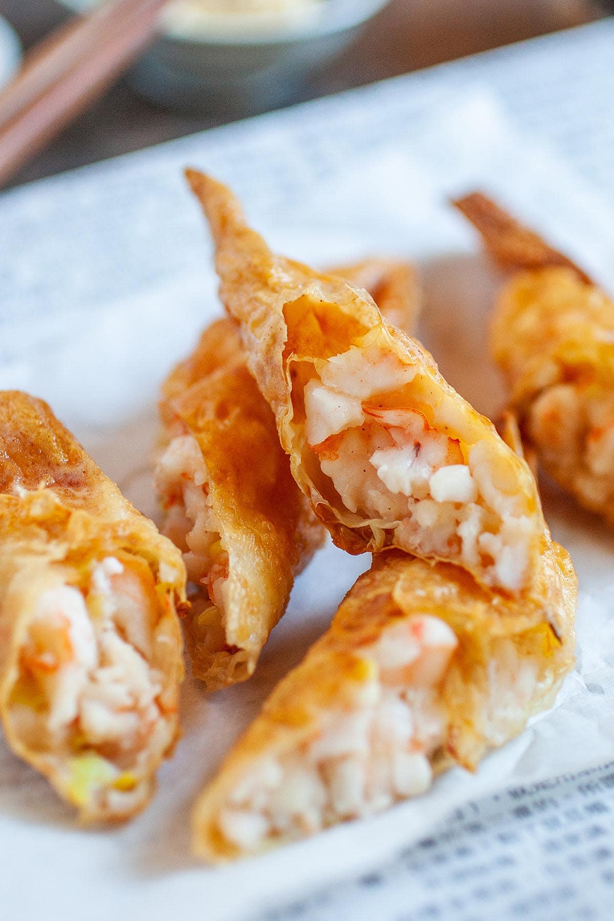 Crispy, delicious Chinese deep fried shrimp rolls wrapped with tofu skin.