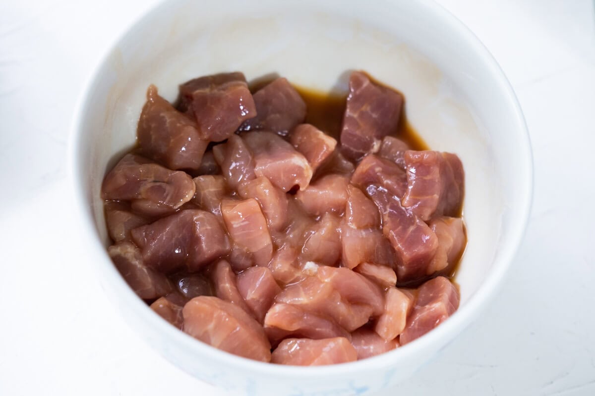 Pork tenderloin with marinade for Chinese sweet and sour pork.