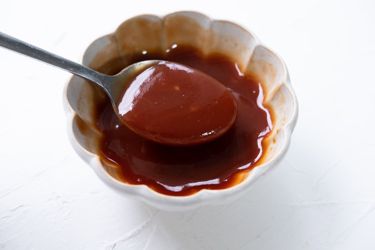 Sweet and sour sauce in a small bowl. 