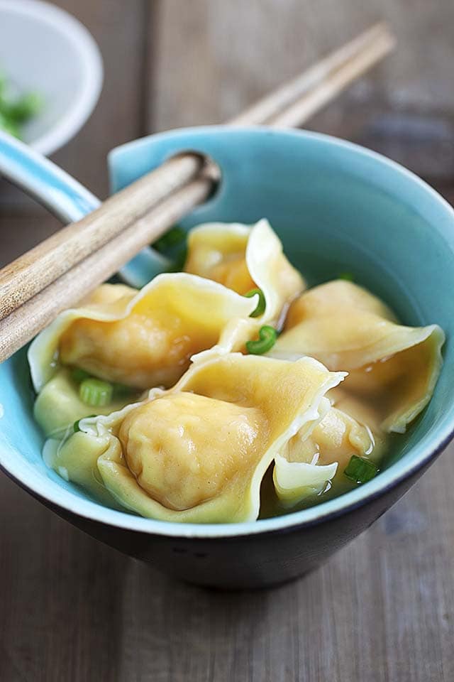 Easy wonton soup recipe with homemade wontons and chicken broth.