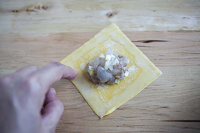 Wonton filling with wonton wrapper on a work surface.