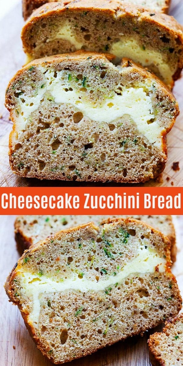 This zucchini bread recipe creates a tender quick bread with both savory and sweet flavors. A ribbon of rich cheesecake baked through the loaf makes this bread a special treat.