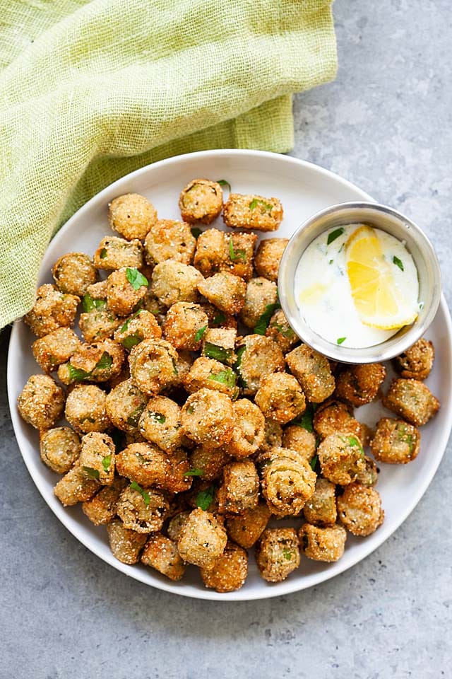 Top down image of Southern fried okra with cornmeal and flour.
