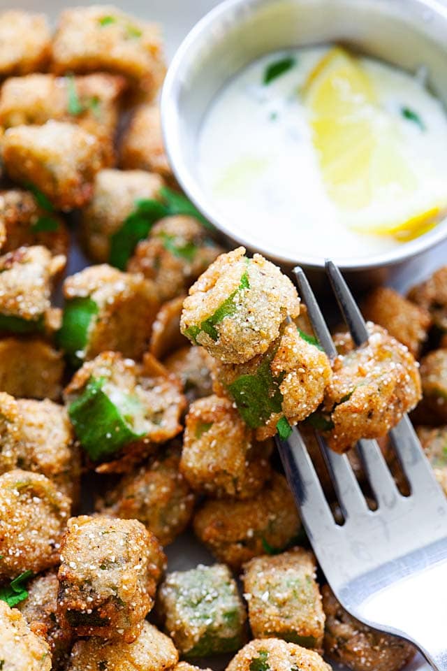 Best fried okra recipe with a dipping sauce, ready to serve.
