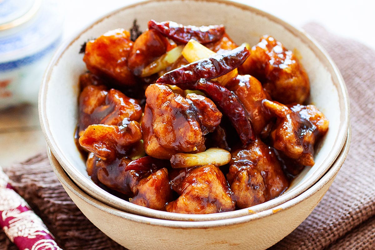 Spicy General Tso Chicken cooked with dried red chilies.