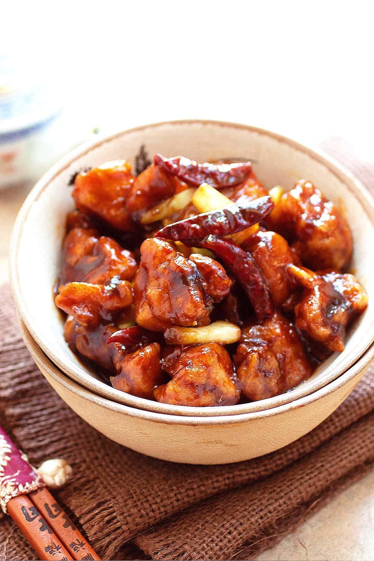 General Tso's Chicken in a Chinese bowl. 