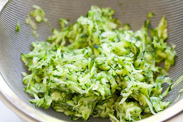 Grated zucchini ready for baking zucchini bread.