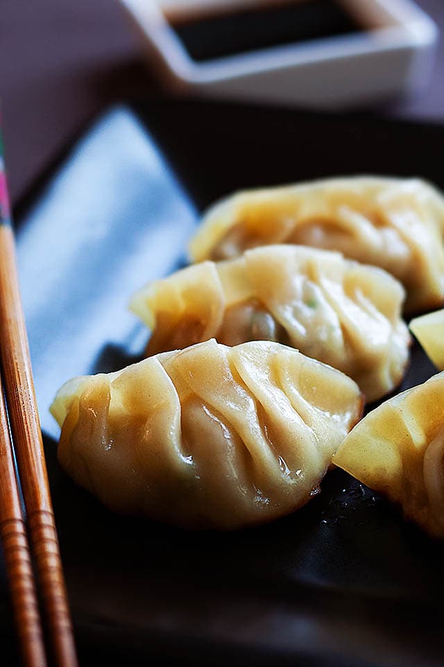 Pork gyoza wrapped up with gyoza wrappers.