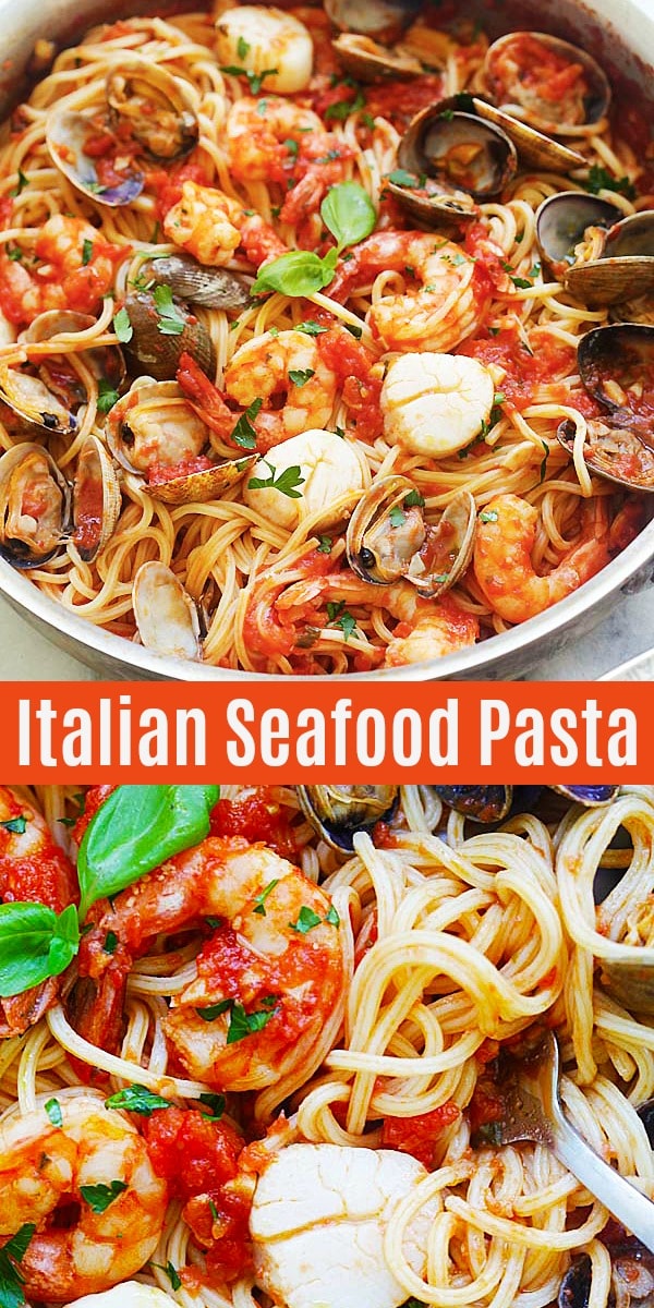 Easy seafood pasta with homemade tomato pasta sauce. This is a quick and delicious dinner that you can make in one pot in less than 30 mins | rasamalaysia.com