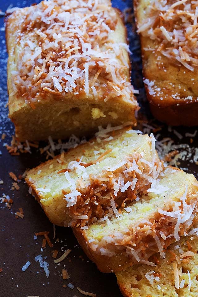 Slices of quick bread made with pineapple and coconut.