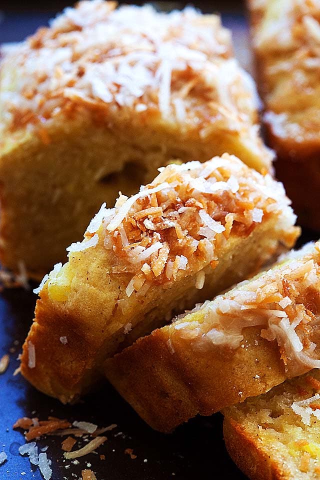 Close up image of a quick bread recipe made with toasted coconut and crushed pineapple.