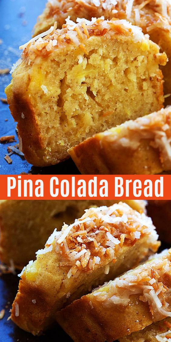 This quick bread recipe is made with sweet crushed pineapple and toasted coconut, making it taste like a Pina Colada cocktail. When you make this Pina Colada bread, you’ll be taking a trip to the tropics without leaving your kitchen!