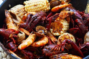 Seafood boil in a skillet.