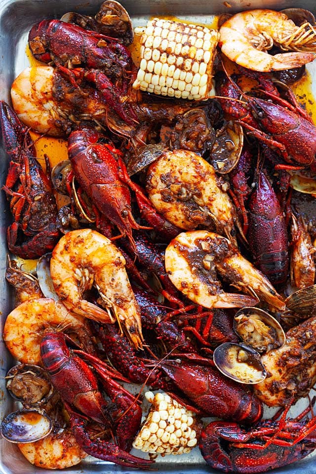 Louisiana seafood boil with Cajun butter sauce.