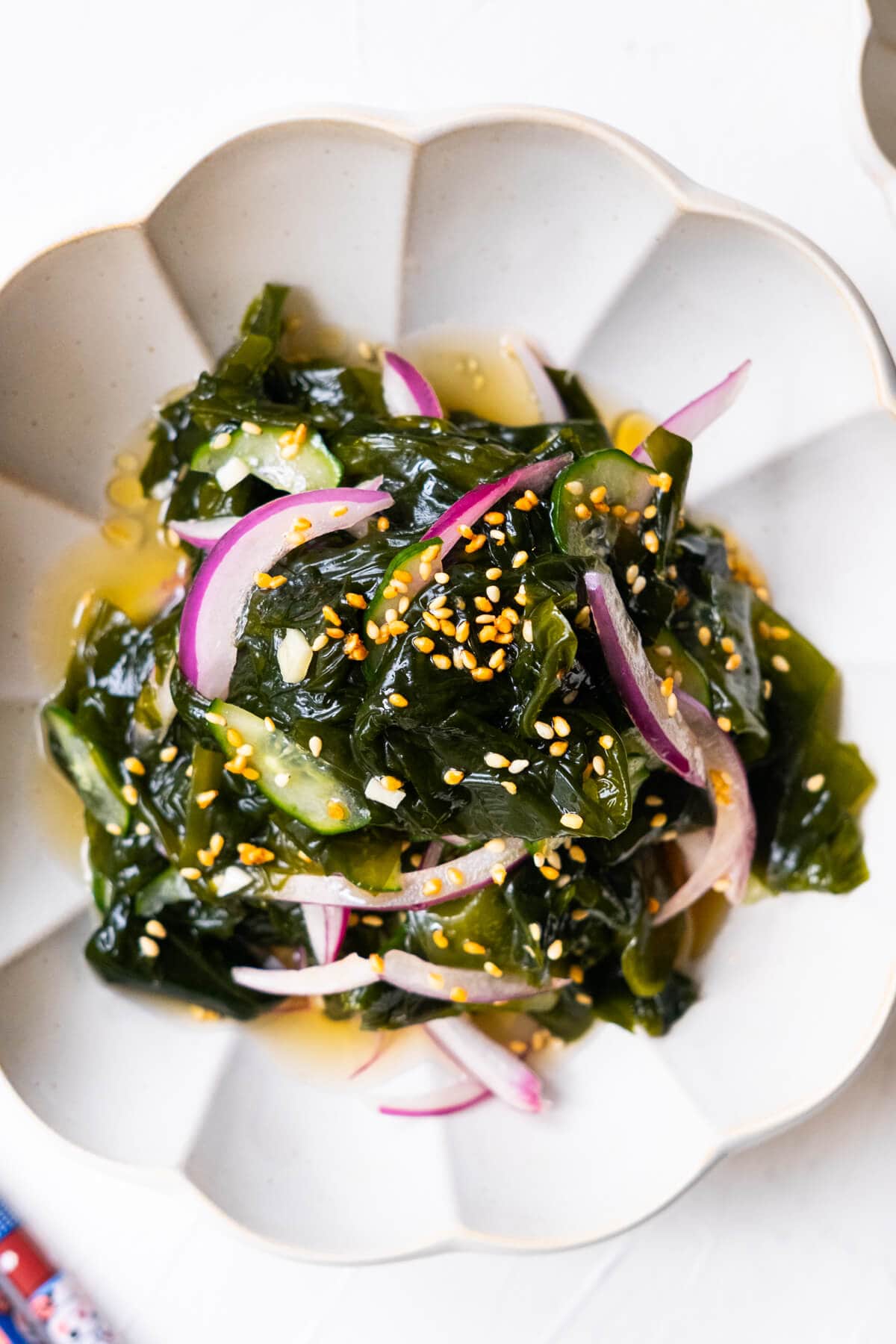 Seaweed salad made of Korean dried seaweed, salt, sugar, rice vinegar, sesame oil and chili flakes.