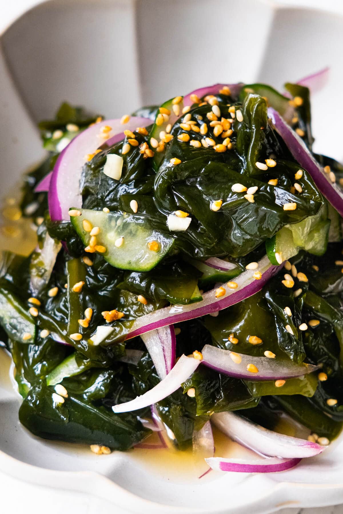 Seaweed salad recipe with red onion and cucumbers. 