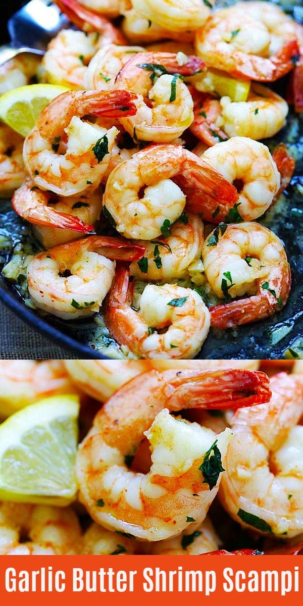 Garlic Butter Shrimp Scampi - quick and easy shrimp recipe that takes 15 mins to make. Juicy shrimp cooked with garlicky, buttery scampi sauce on a skillet. So delicious | rasamalaysia.com