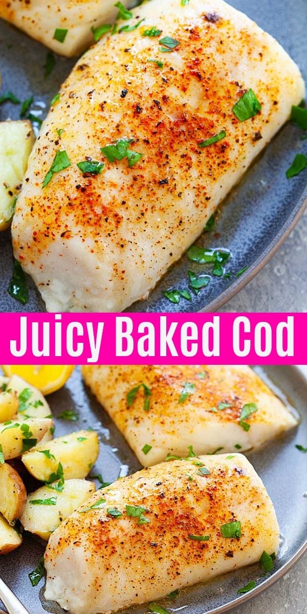 Easy baked cod with 4 ingredients: lemon, olive oil, salt and cayenne pepper. This oven baked cod fillets are moist and juicy and takes 5 mins prep time!