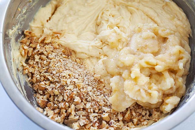 Banana nut muffins batter in a bowl. 