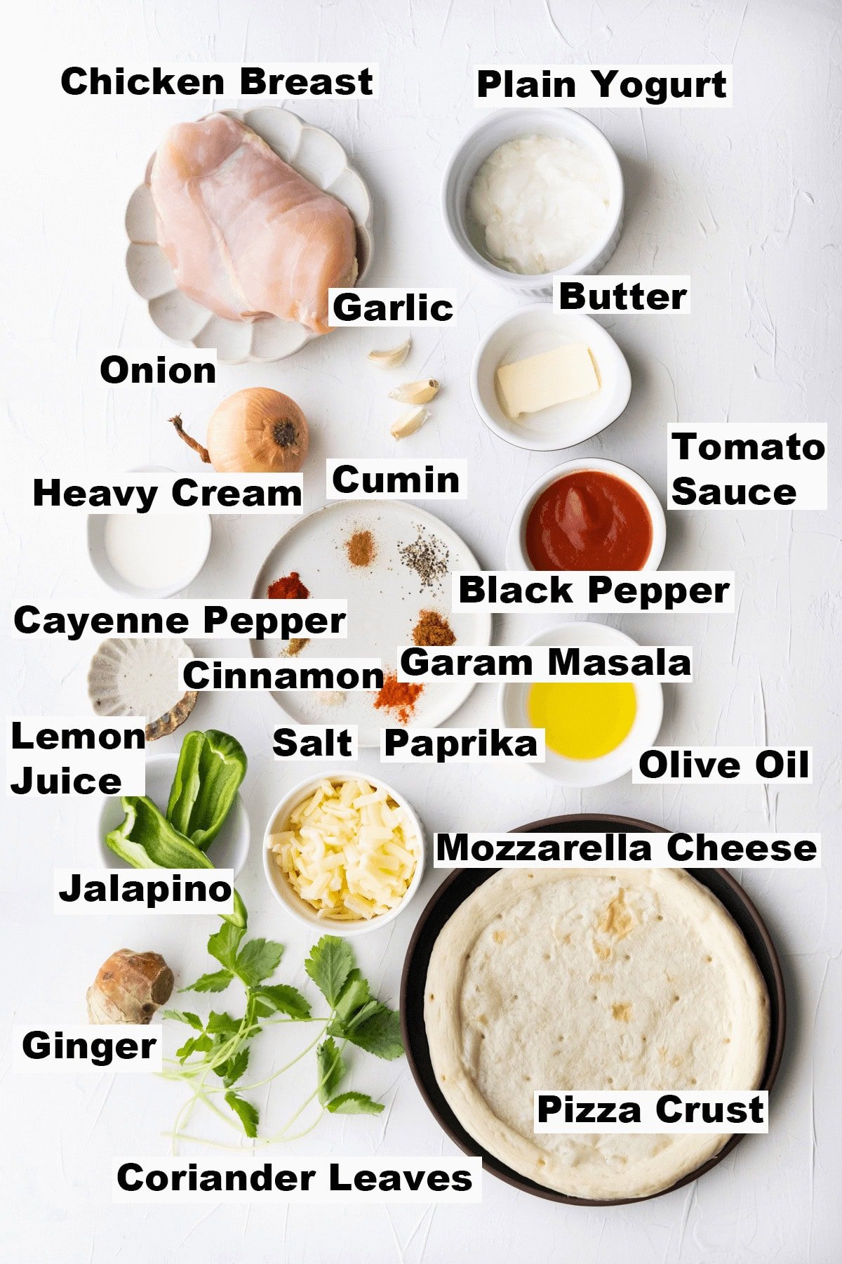 Ingredients for Indian pizzas. 