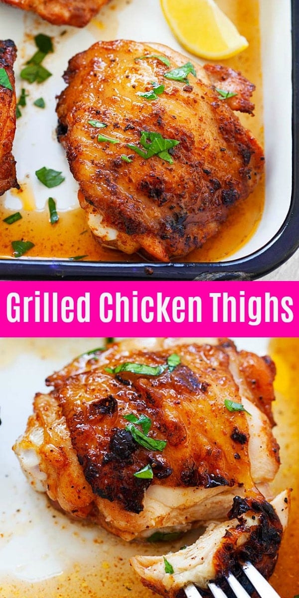 Juicy grilled chicken thighs marinated with only two ingredients: homemade dry rub and liquid smoke. This is the best grilled chicken you'll ever make, so juicy, moist and delicious!
