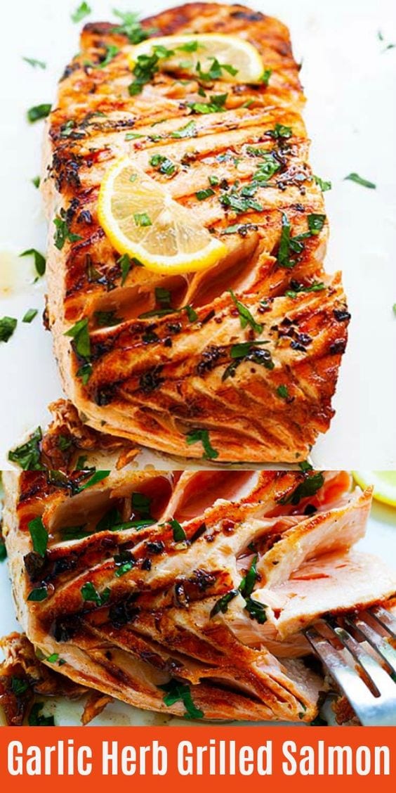Garlic Herb Grilled Salmon - moist and juicy salmon with garlic, herbs, olive oil and lemon marinade. This is the best grilled salmon recipe ever and takes only 8 minutes on gas grill. 