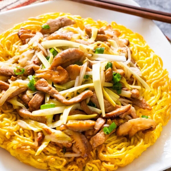 Pork chow mein recipe with bean sprouts served on a plate.