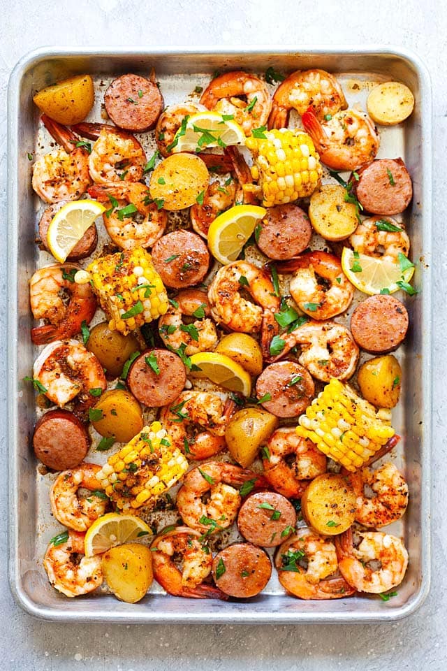 Shrimp boil on a sheet pan, ready to serve.