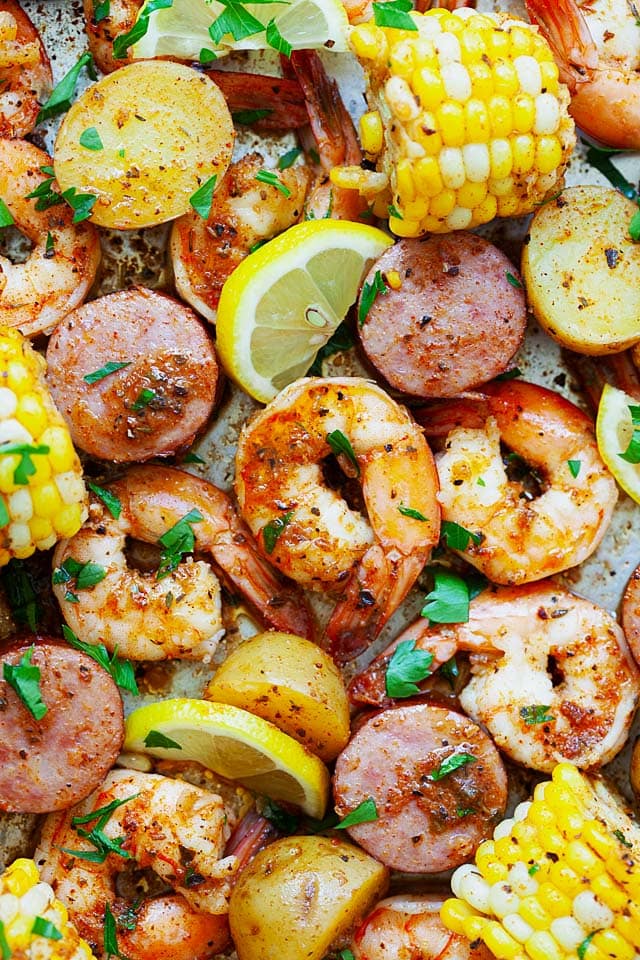 Top down picture of low country shrimp boil on a serving tray.