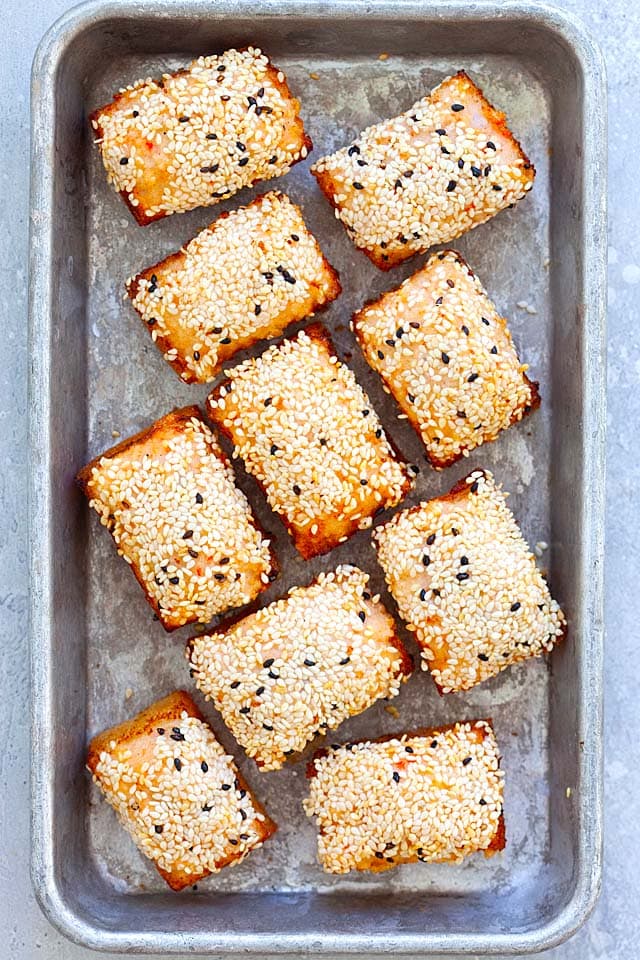 Chinese shrimp toast on a serving tray.