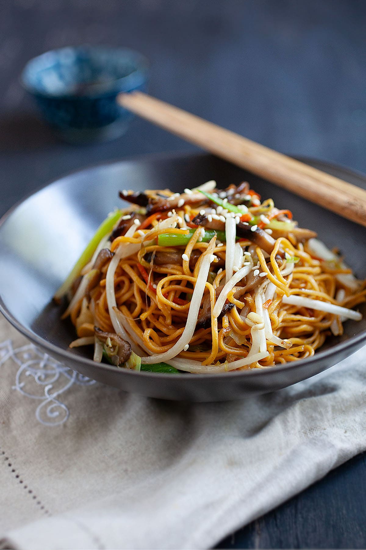 Vegetable chow mein with mushrooms and mixed vegetables in a bowl. 