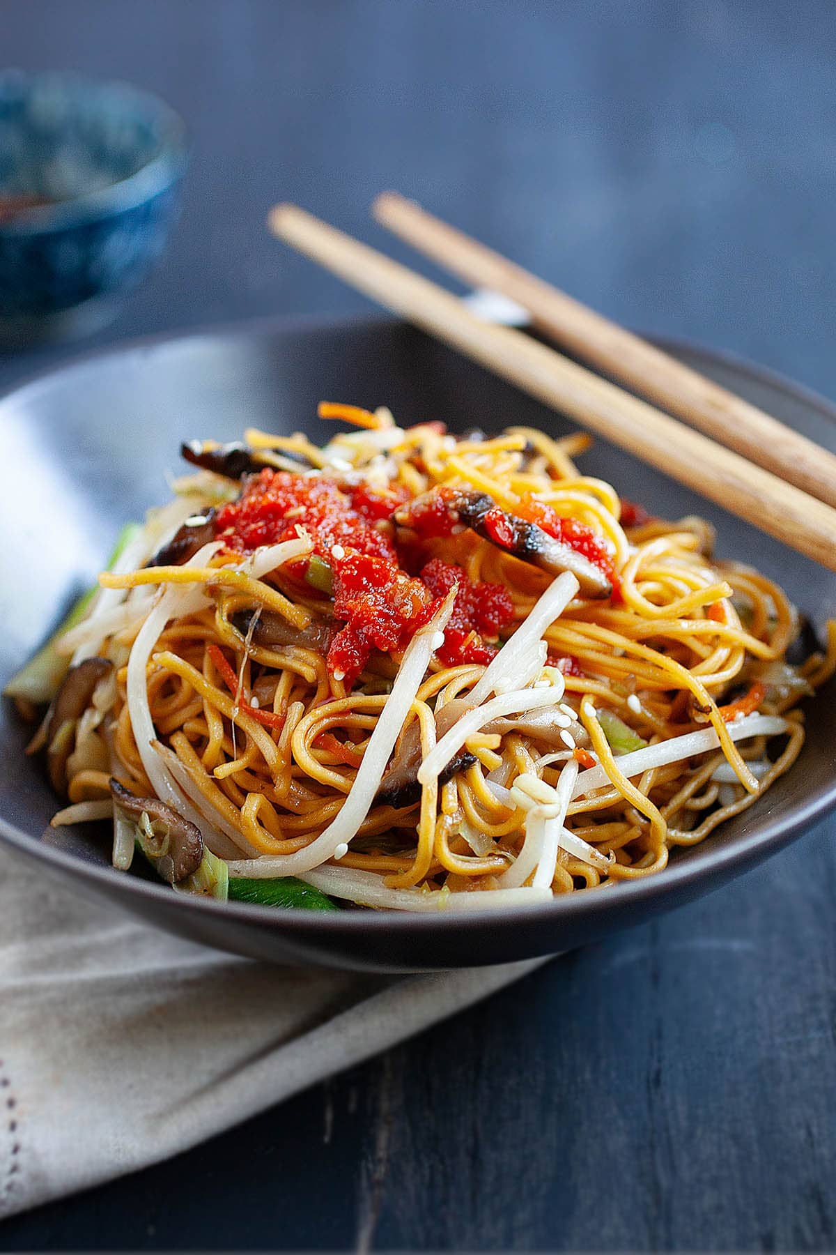 Easy and healthy homemade Chinese vegetable chow mein in a bowl. 