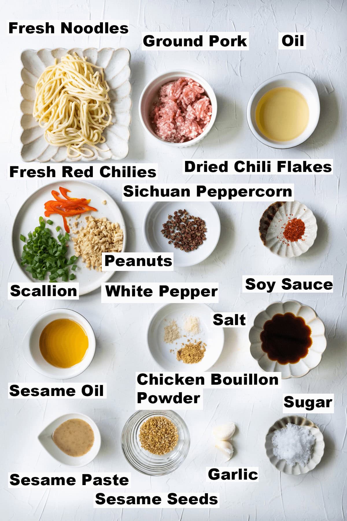 Ingredients of spicy dan dan noodles.