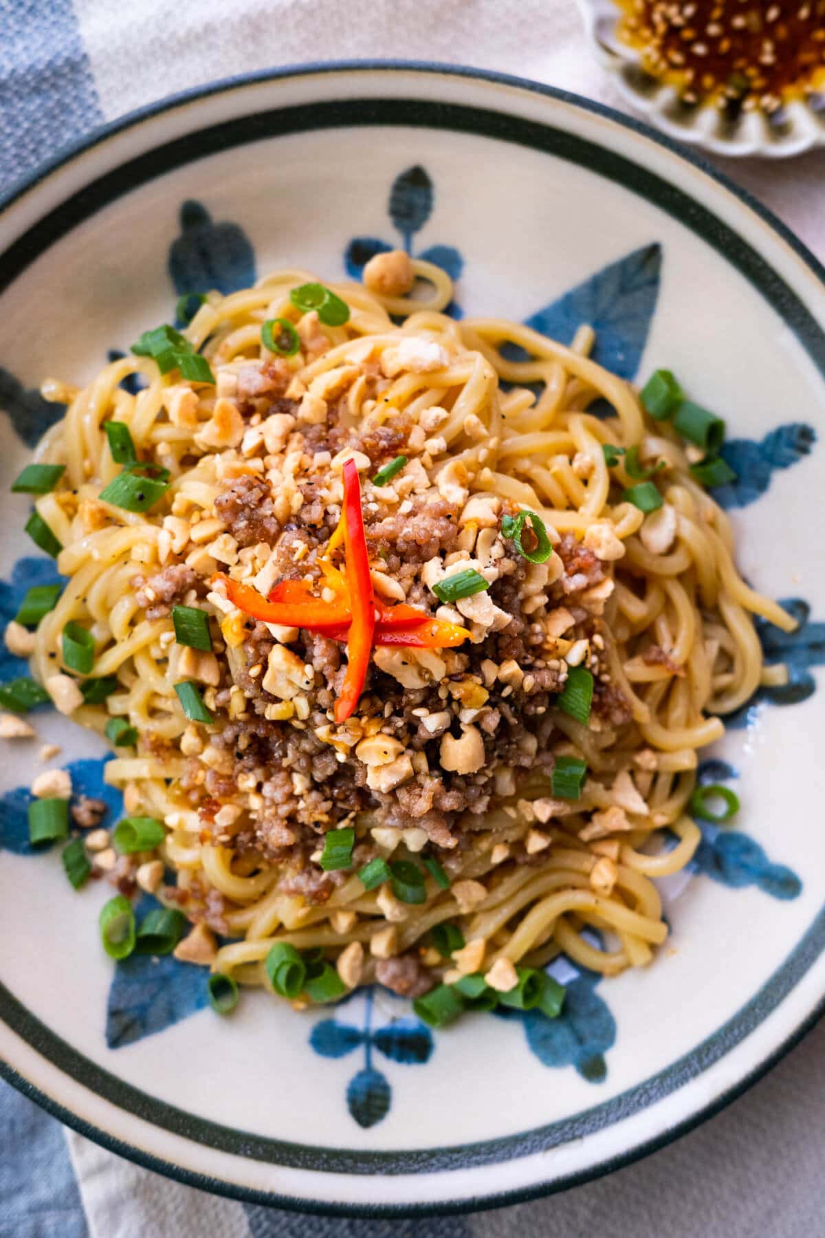 Sichuan Chinese Dan Dan noodles with ground meat.